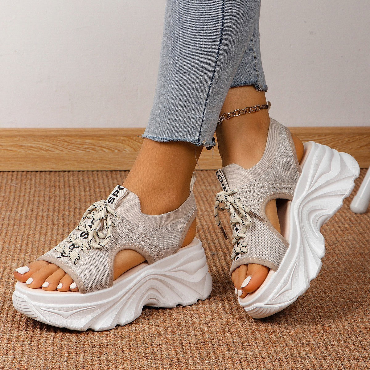 Sandales Femme à Talon Moyen – Style Sport Chic à Lacets & Mesh Respirant