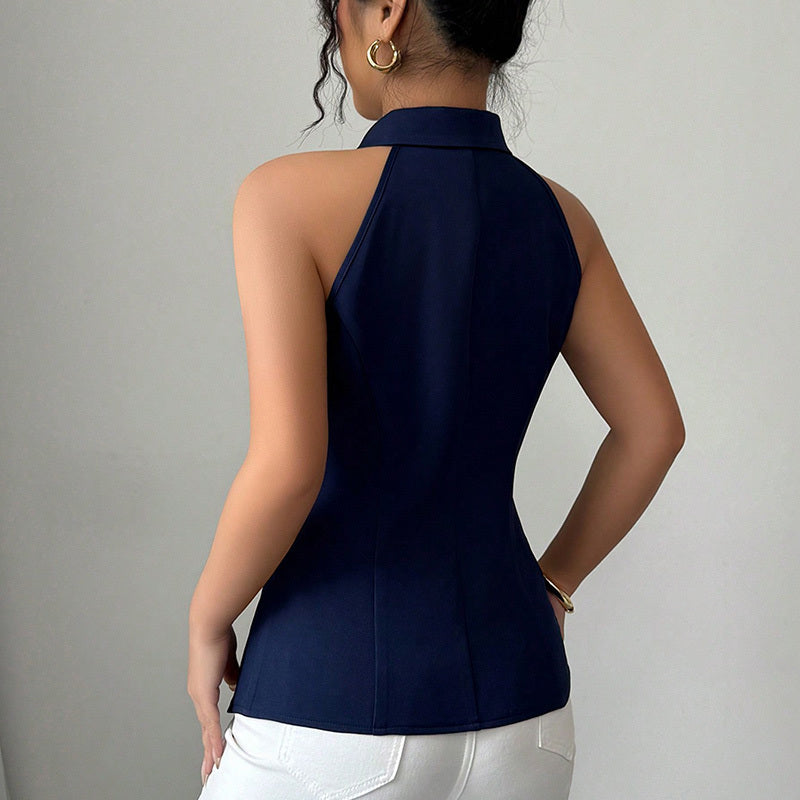 Gilet Sans Manches Femme – Top Cintré à Boutons & Col à Revers Élégant Été