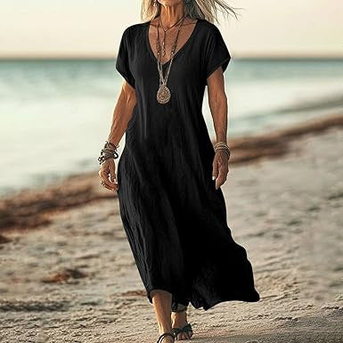 Robe Décontractée en Coton et Lin à Col V – Tailles Plus Disponibles