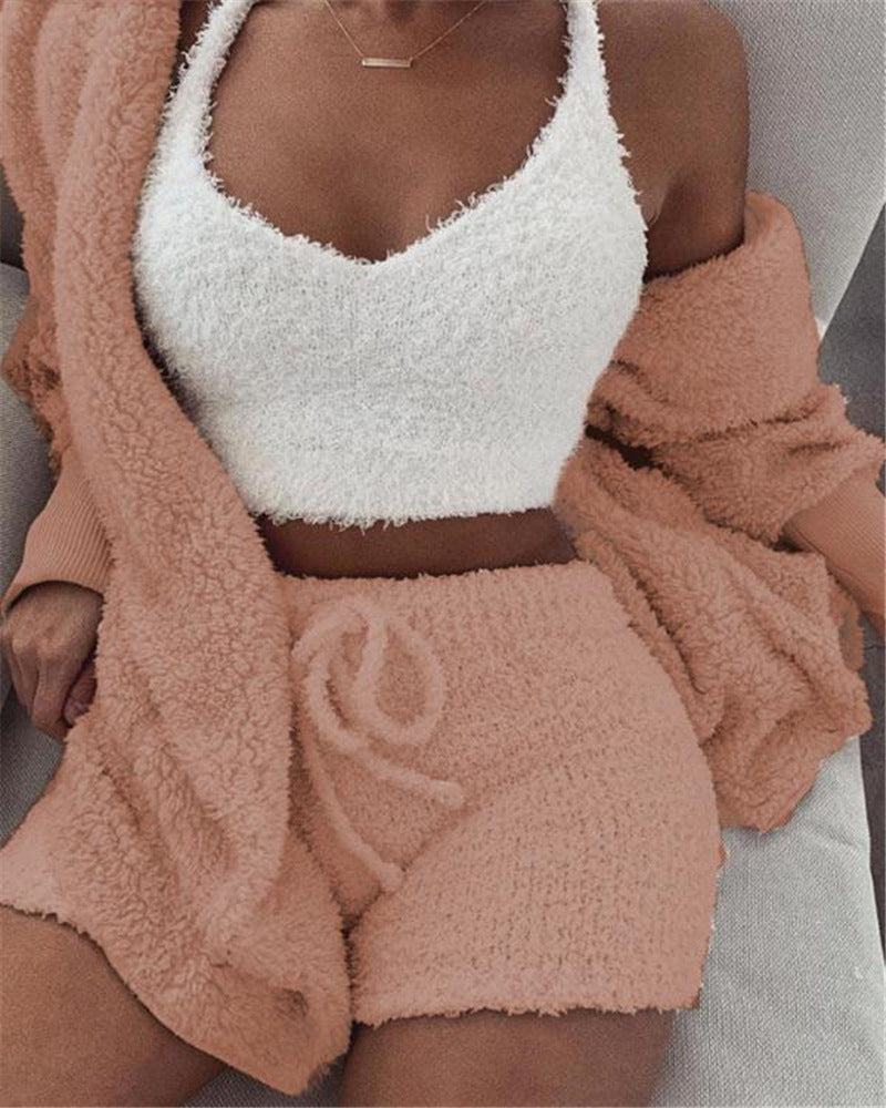 Ensemble 3 Pièces Femme – Crop Top, Short à Cordon & Gilet Long en Velours Doux