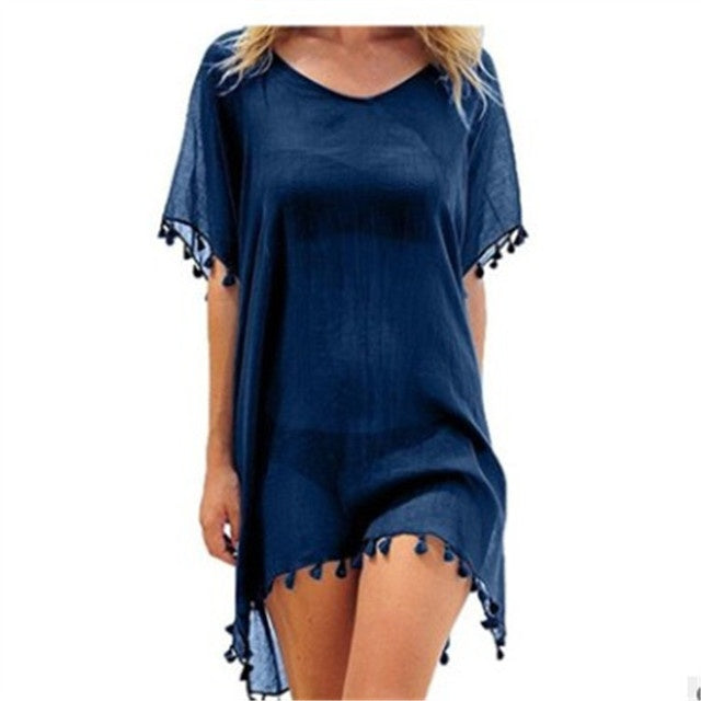 Robe Tunique de Plage Femme – Ample, Légère et Élégante avec Pompons