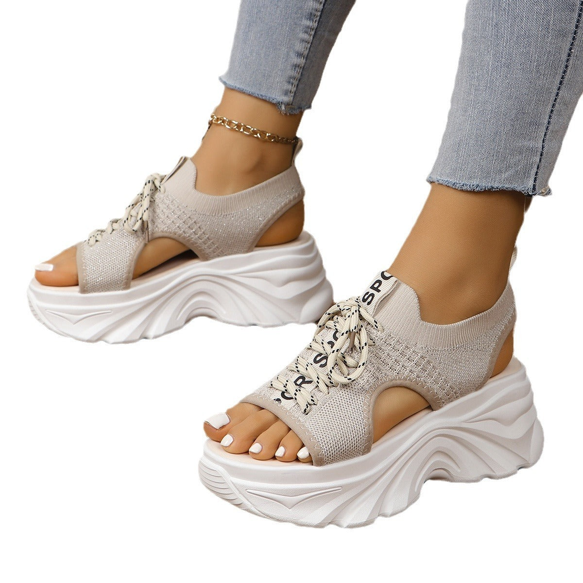Sandales Femme à Talon Moyen – Style Sport Chic à Lacets & Mesh Respirant