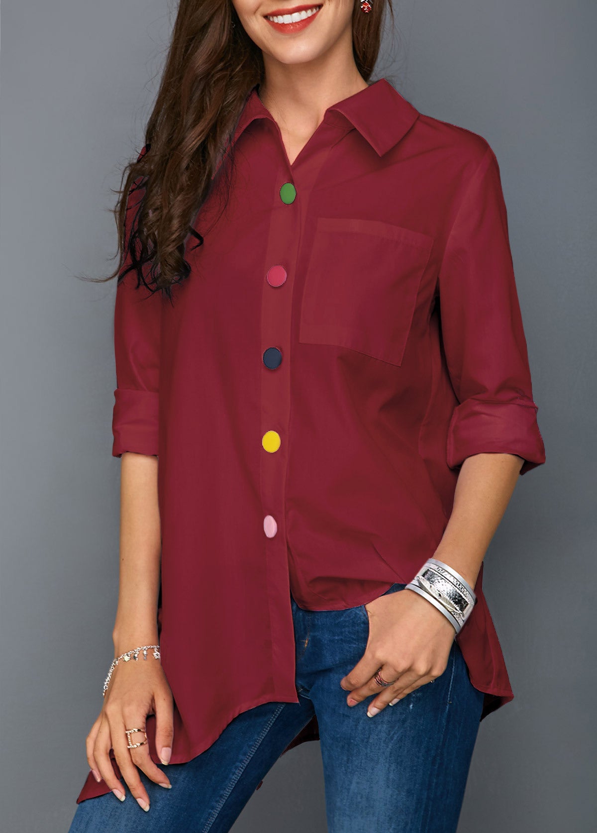 Chemise Blanche Femme Boutons Colorés – Haut Élégant et Décontracté