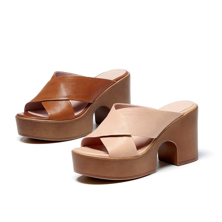 Sandales Rétro Femme – Cuir Véritable & Talon Épais Été 2025