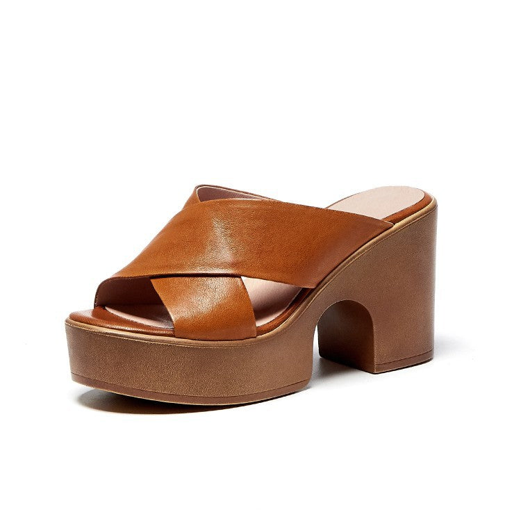 Sandales Rétro Femme – Cuir Véritable & Talon Épais Été 2025