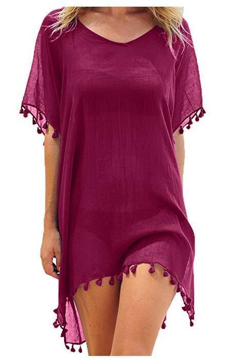 Robe Tunique de Plage Femme – Ample, Légère et Élégante avec Pompons