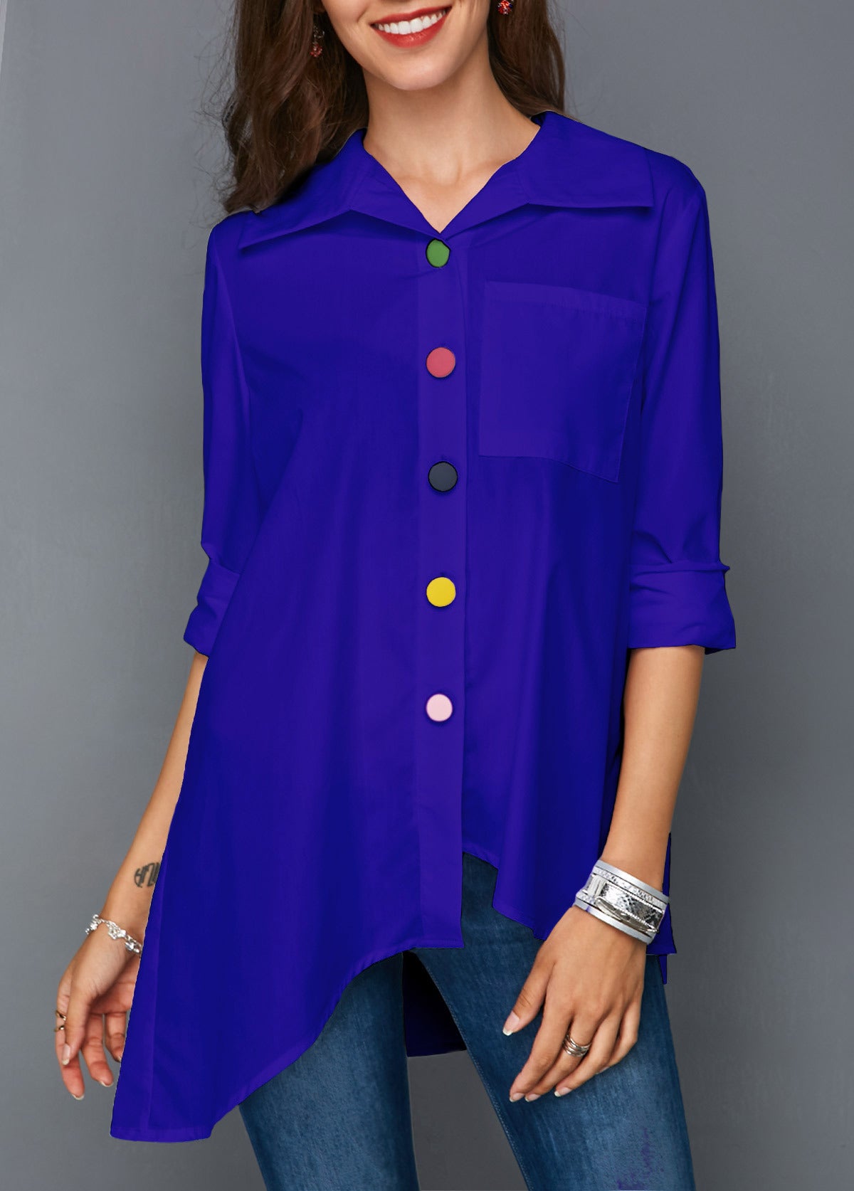 Chemise Blanche Femme Boutons Colorés – Haut Élégant et Décontracté