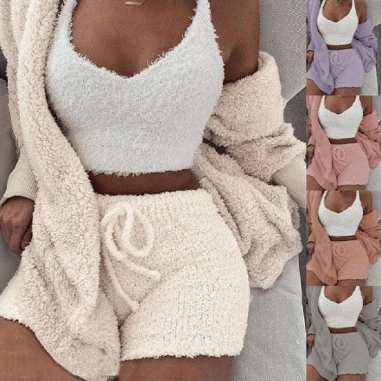 Ensemble 3 Pièces Femme – Crop Top, Short à Cordon & Gilet Long en Velours Doux