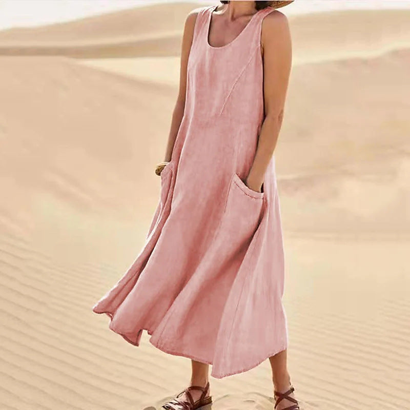 Robe d’Été Sans Manches à Poches – Coton et Lin Respirant