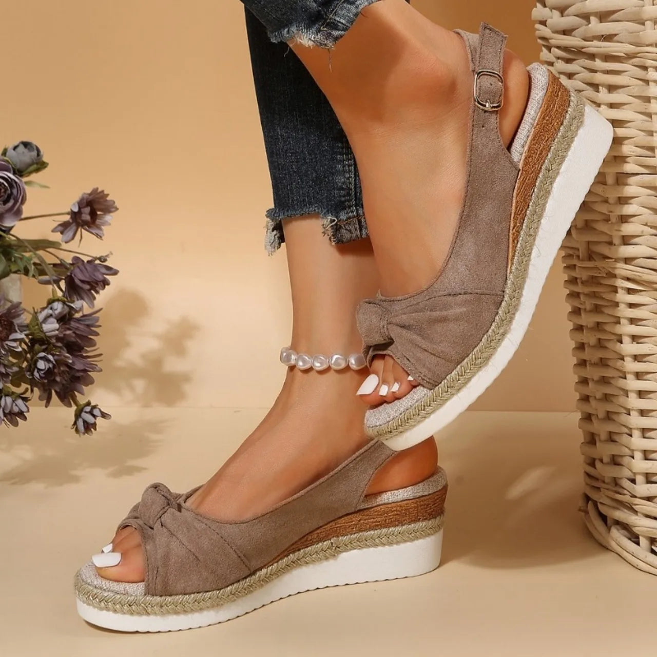 Sandales Compensées Femme – Style Décontracté avec Nœud & Bout Ouvert