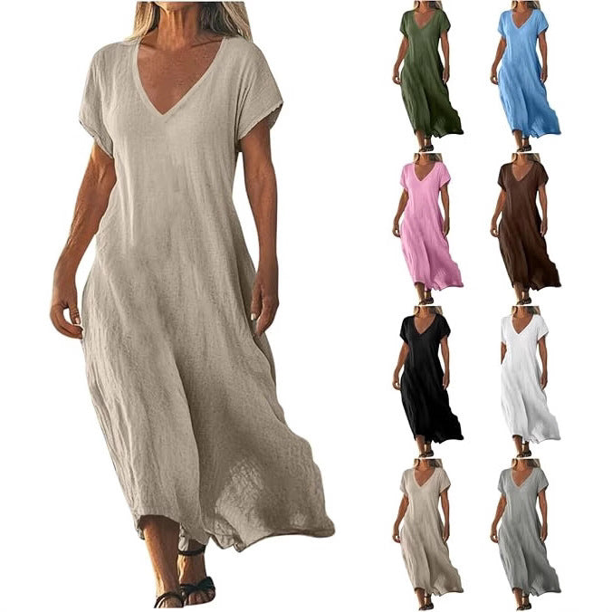 Robe Décontractée en Coton et Lin à Col V – Tailles Plus Disponibles
