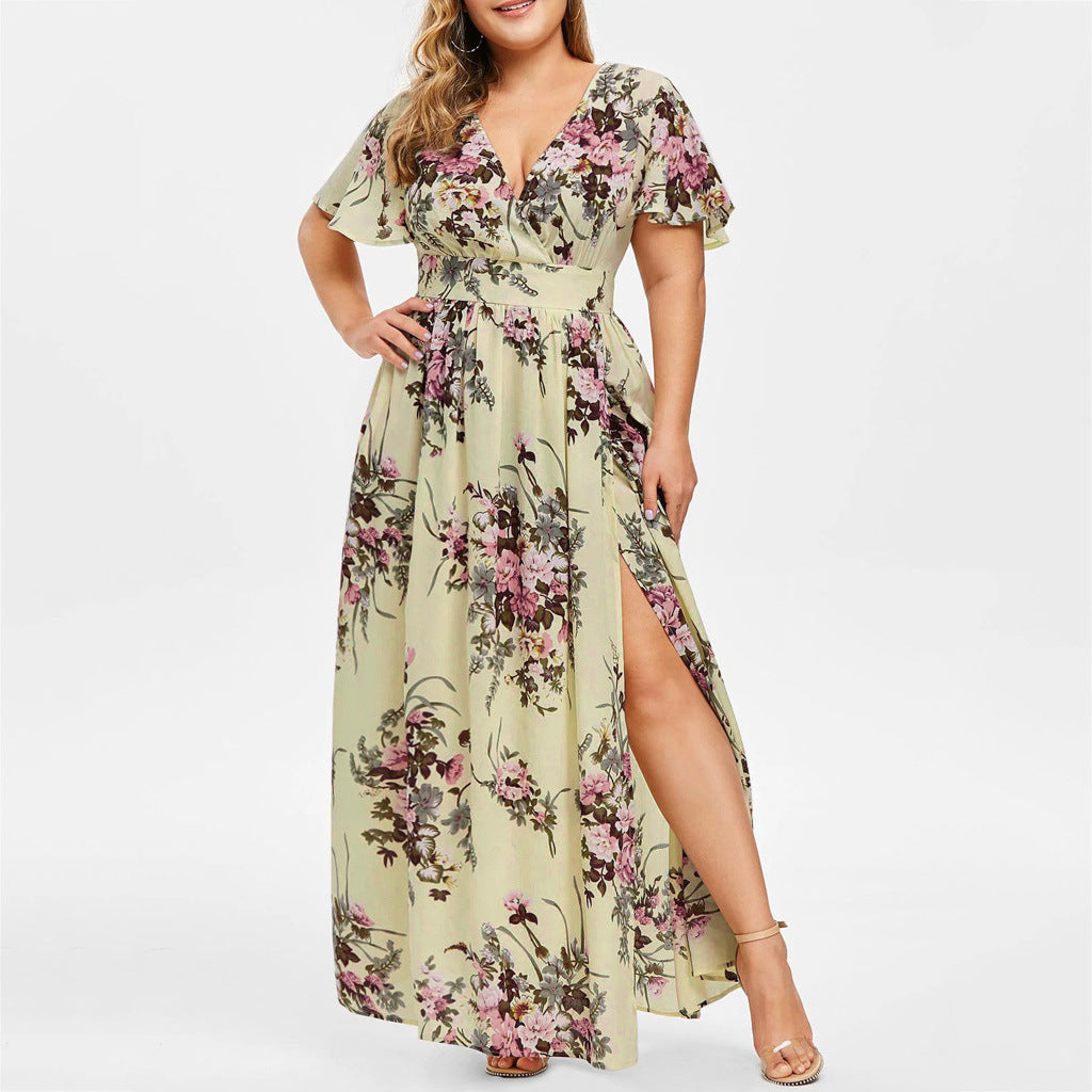 Robe d'Été Fleurie Femme à Manches Courtes – Style Européen Élégant