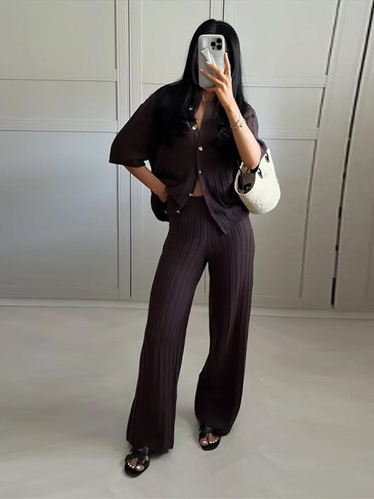 Ensemble Femme 2 Pièces Tricoté – Haut à Col Chemise & Pantalon Droit Slim