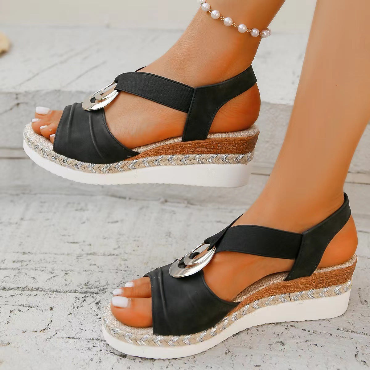 Sandales Compensées Femme Grande Taille – Bout Ouvert, Corde de Chanvre & Boucle Métal