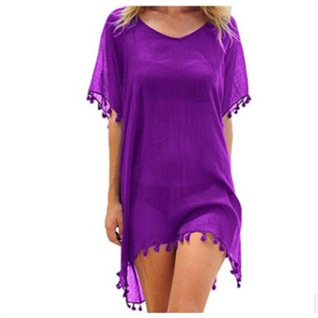 Robe Tunique de Plage Femme – Ample, Légère et Élégante avec Pompons