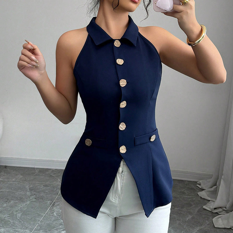 Gilet Sans Manches Femme – Top Cintré à Boutons & Col à Revers Élégant Été