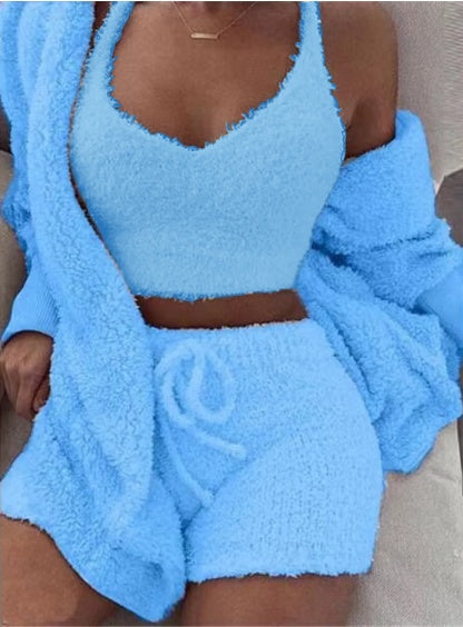 Ensemble 3 Pièces Femme – Crop Top, Short à Cordon & Gilet Long en Velours Doux