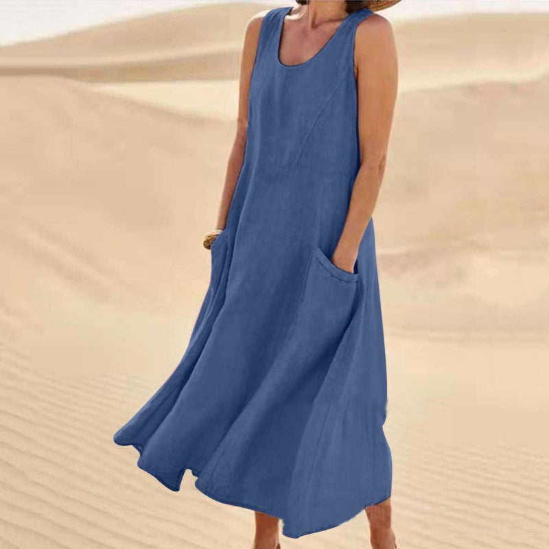 Robe d’Été Sans Manches à Poches – Coton et Lin Respirant