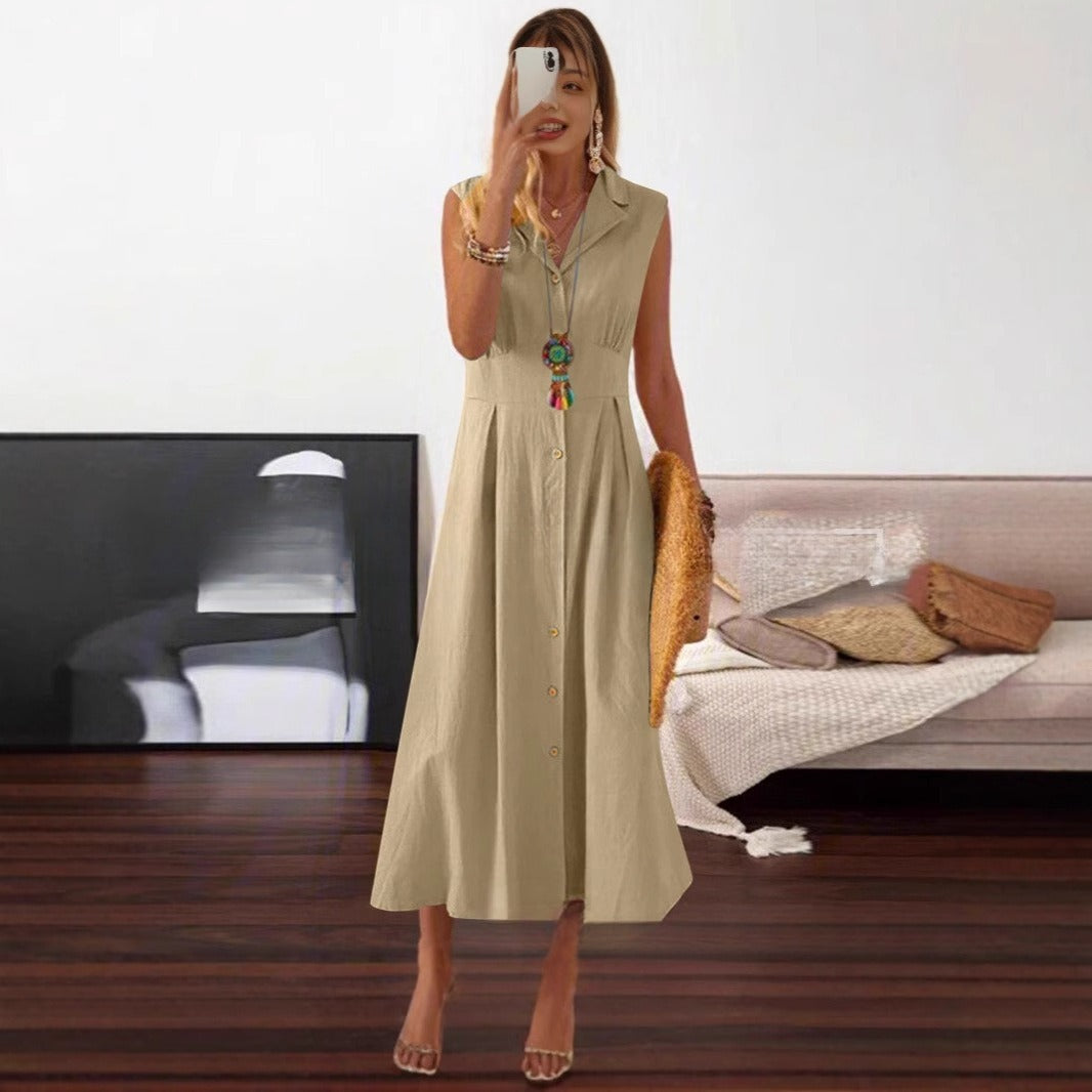 Robe Longue Sans Manches Femme Grande Taille en Coton et Lin avec Boutons