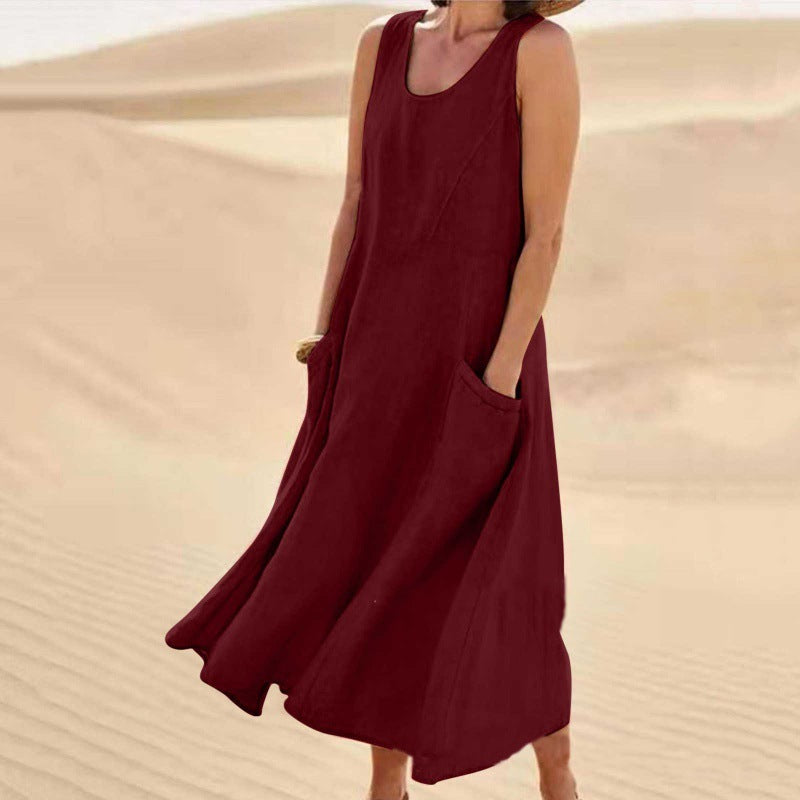 Robe d’Été Sans Manches à Poches – Coton et Lin Respirant
