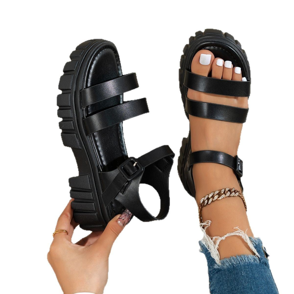 Sandales Femme Bout Ouvert – Semelle Muffin Confort & Bride Cheville à Boucle