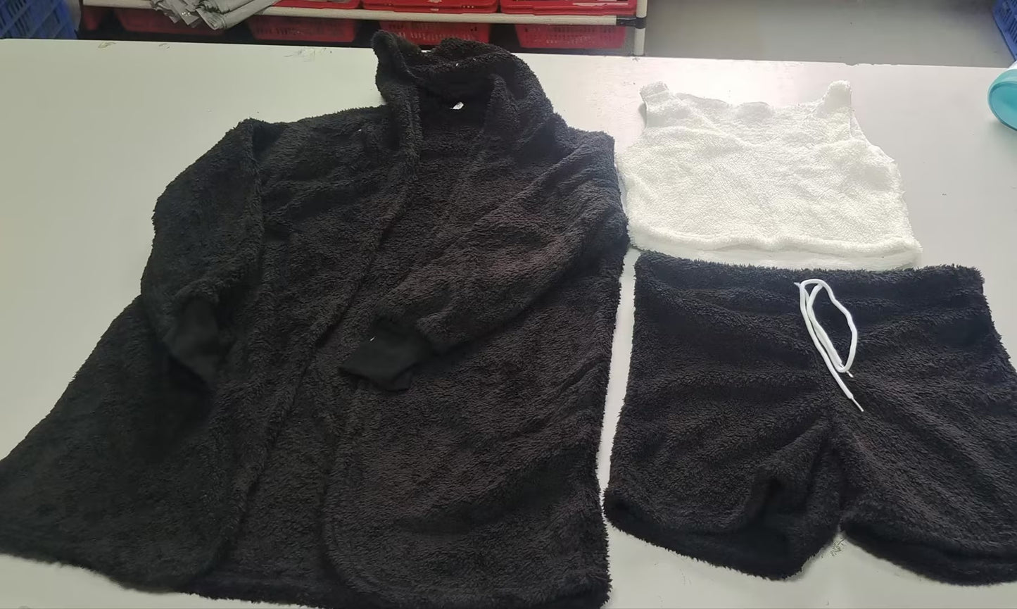 Ensemble 3 Pièces Femme – Crop Top, Short à Cordon & Gilet Long en Velours Doux