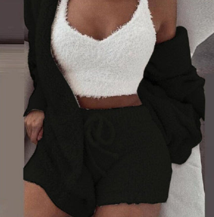 Ensemble 3 Pièces Femme – Crop Top, Short à Cordon & Gilet Long en Velours Doux