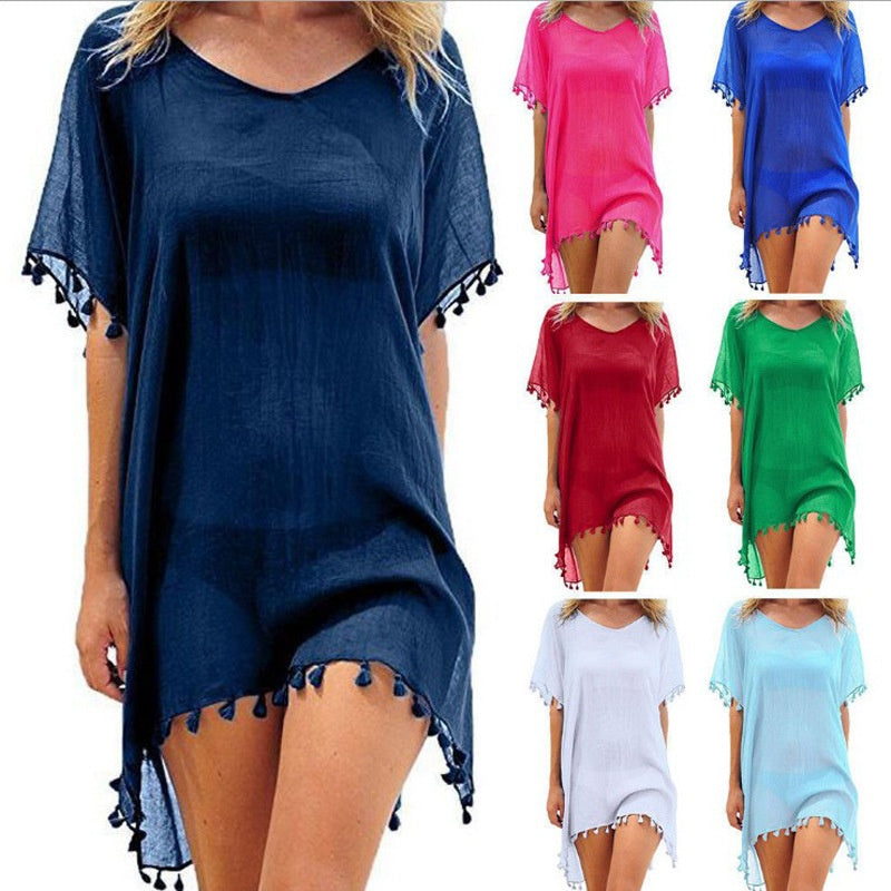 Robe Tunique de Plage Femme – Ample, Légère et Élégante avec Pompons