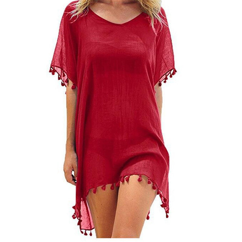 Robe Tunique de Plage Femme – Ample, Légère et Élégante avec Pompons