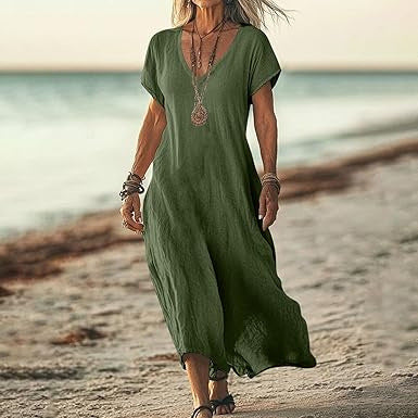 Robe Décontractée en Coton et Lin à Col V – Tailles Plus Disponibles