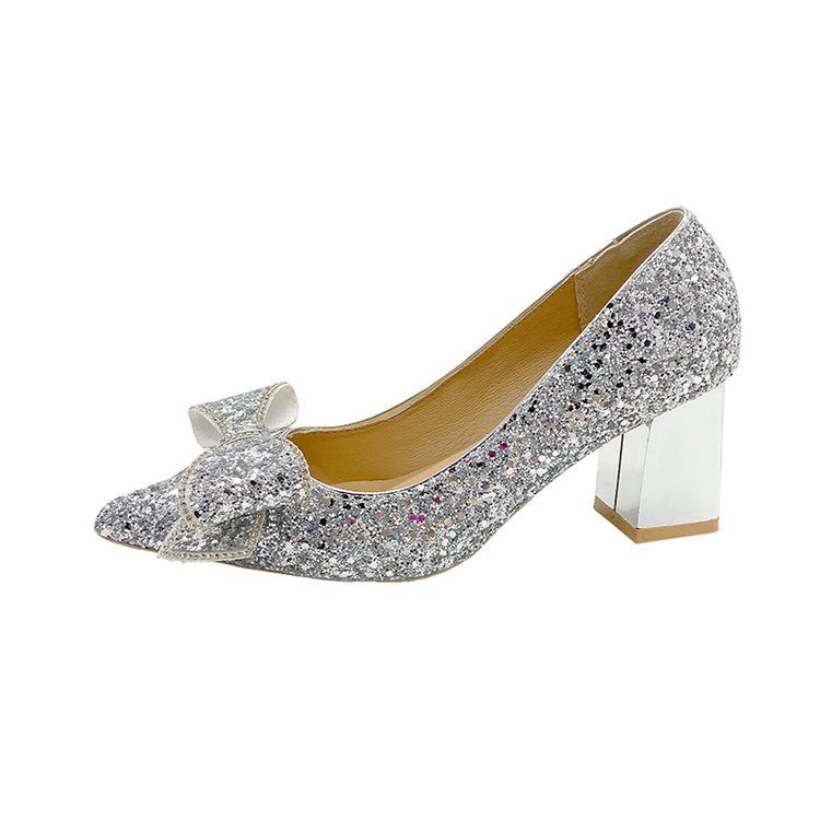 Escarpins Femme à Paillettes – Talon Épais, Bout Pointu & Style Xiuhe Mariage