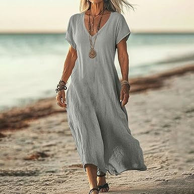 Robe Décontractée en Coton et Lin à Col V – Tailles Plus Disponibles