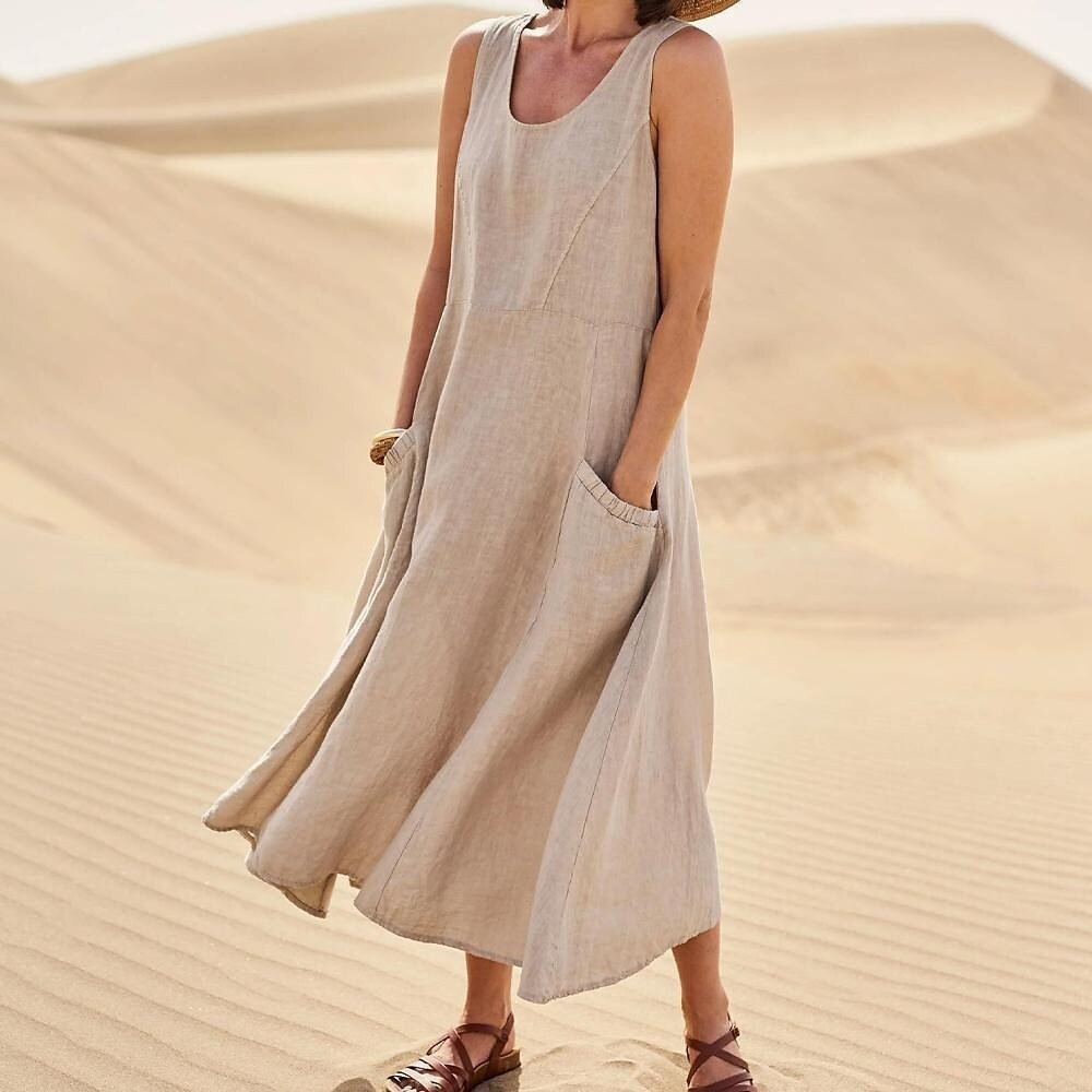 Robe d’Été Sans Manches à Poches – Coton et Lin Respirant