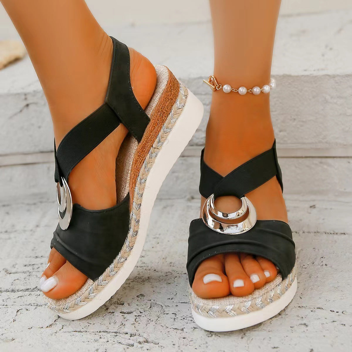 Sandales Compensées Femme Grande Taille – Bout Ouvert, Corde de Chanvre & Boucle Métal