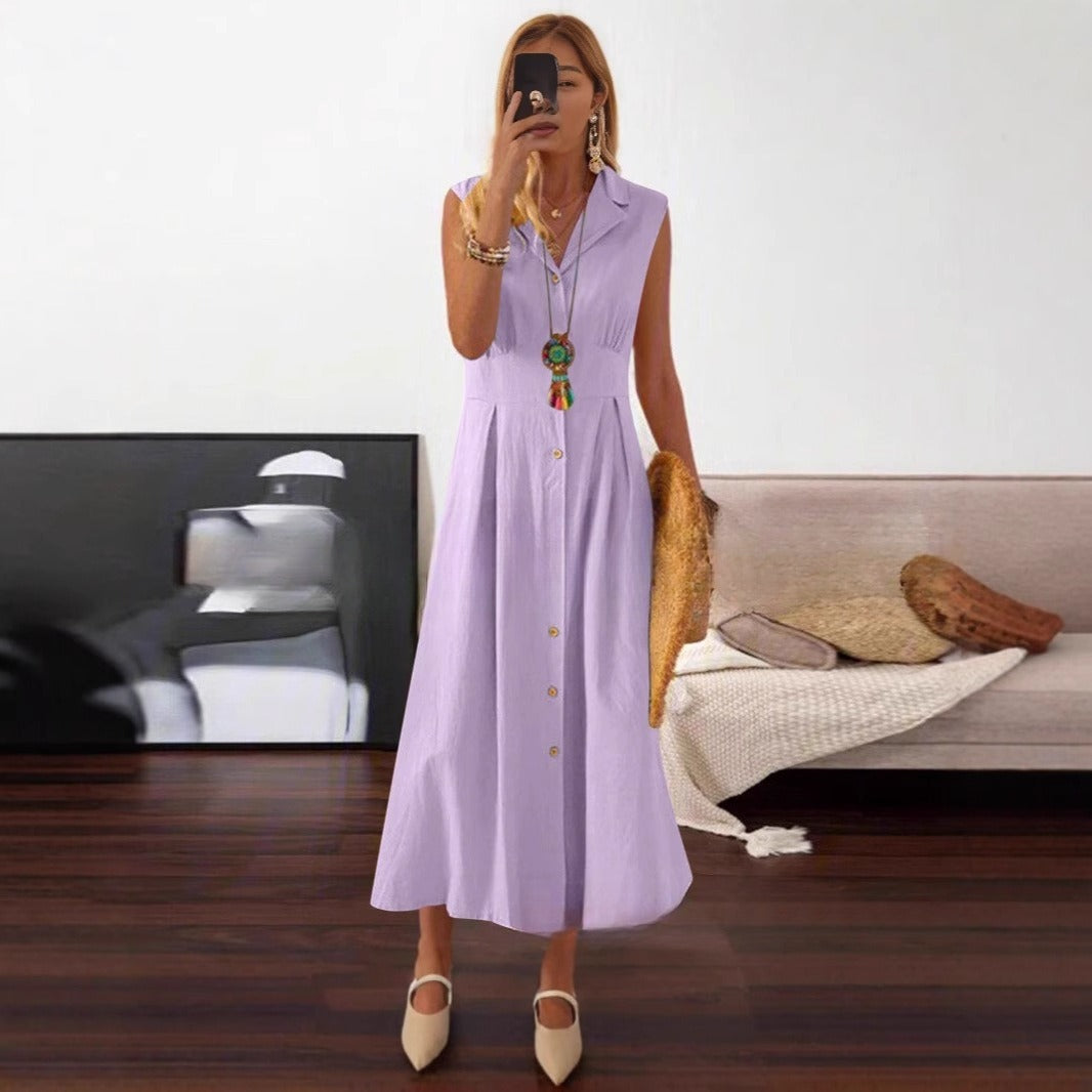 Robe Longue Sans Manches Femme Grande Taille en Coton et Lin avec Boutons