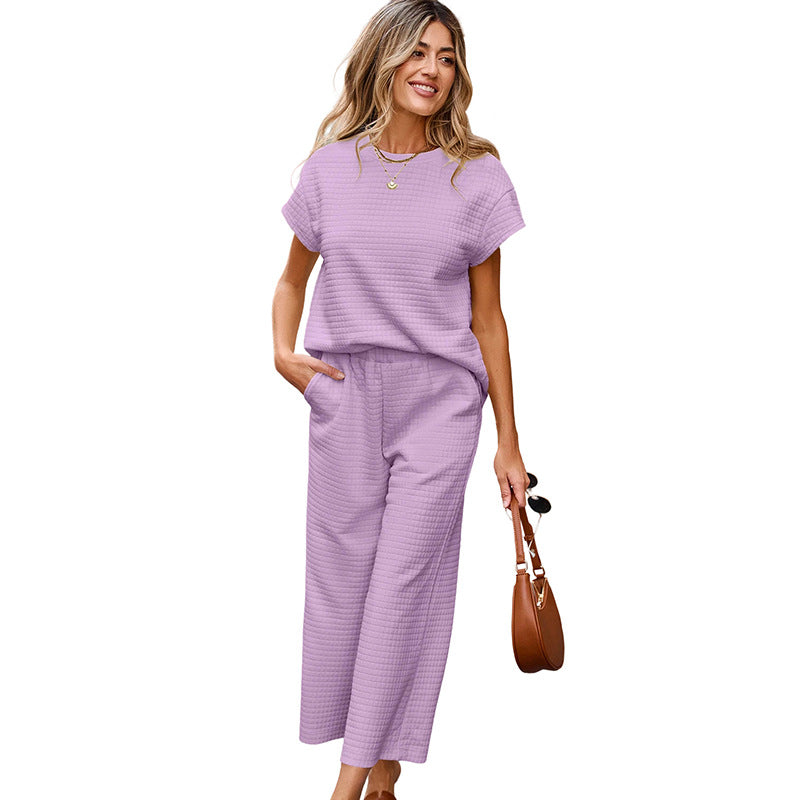 Ensemble Femme 2 Pièces Texturé – Haut Décontracté & Pantalon Large à Poches
