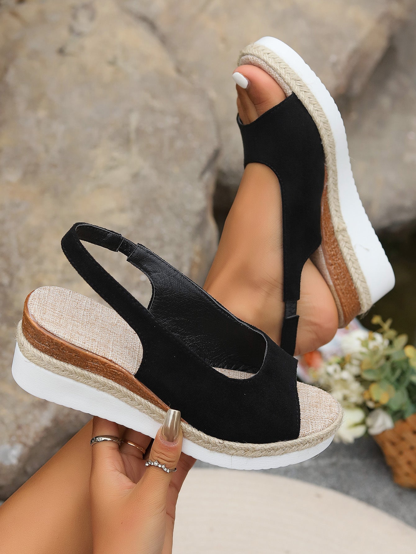 Sandales Compensées Femme Grande Taille – Style Européen à Brides en Corde & Bout