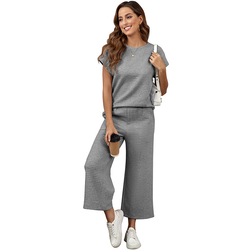 Ensemble Femme 2 Pièces Texturé – Haut Décontracté & Pantalon Large à Poches