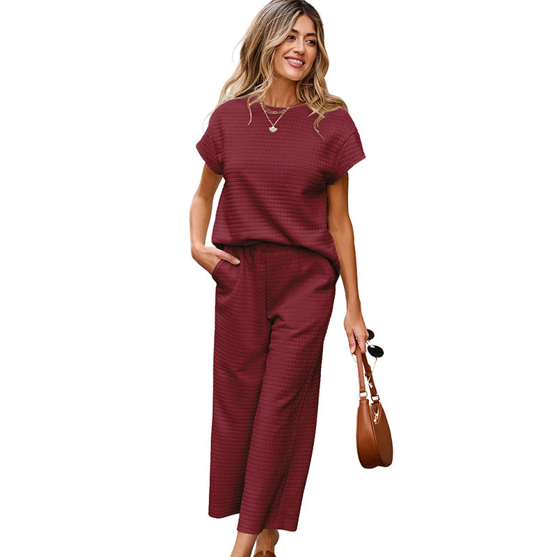 Ensemble Femme 2 Pièces Texturé – Haut Décontracté & Pantalon Large à Poches