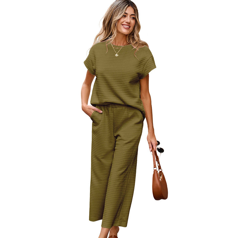 Ensemble Femme 2 Pièces Texturé – Haut Décontracté & Pantalon Large à Poches