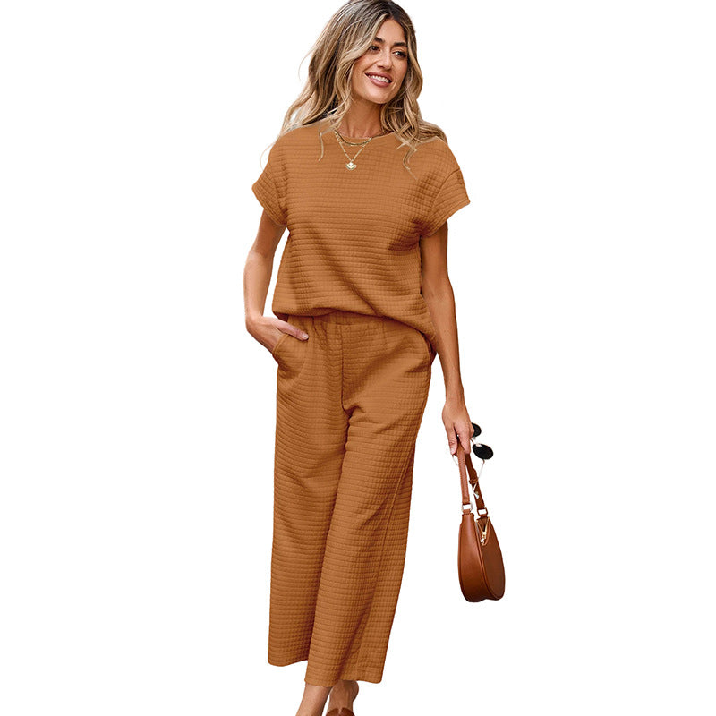 Ensemble Femme 2 Pièces Texturé – Haut Décontracté & Pantalon Large à Poches