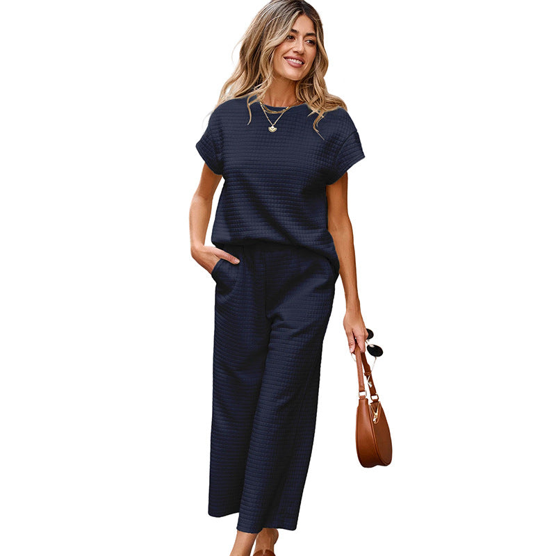 Ensemble Femme 2 Pièces Texturé – Haut Décontracté & Pantalon Large à Poches