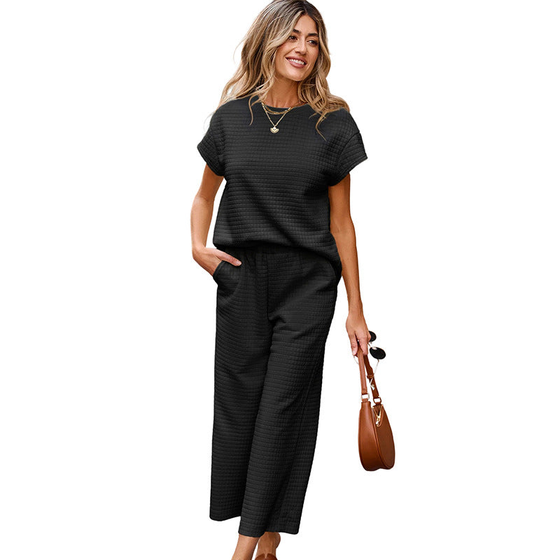 Ensemble Femme 2 Pièces Texturé – Haut Décontracté & Pantalon Large à Poches