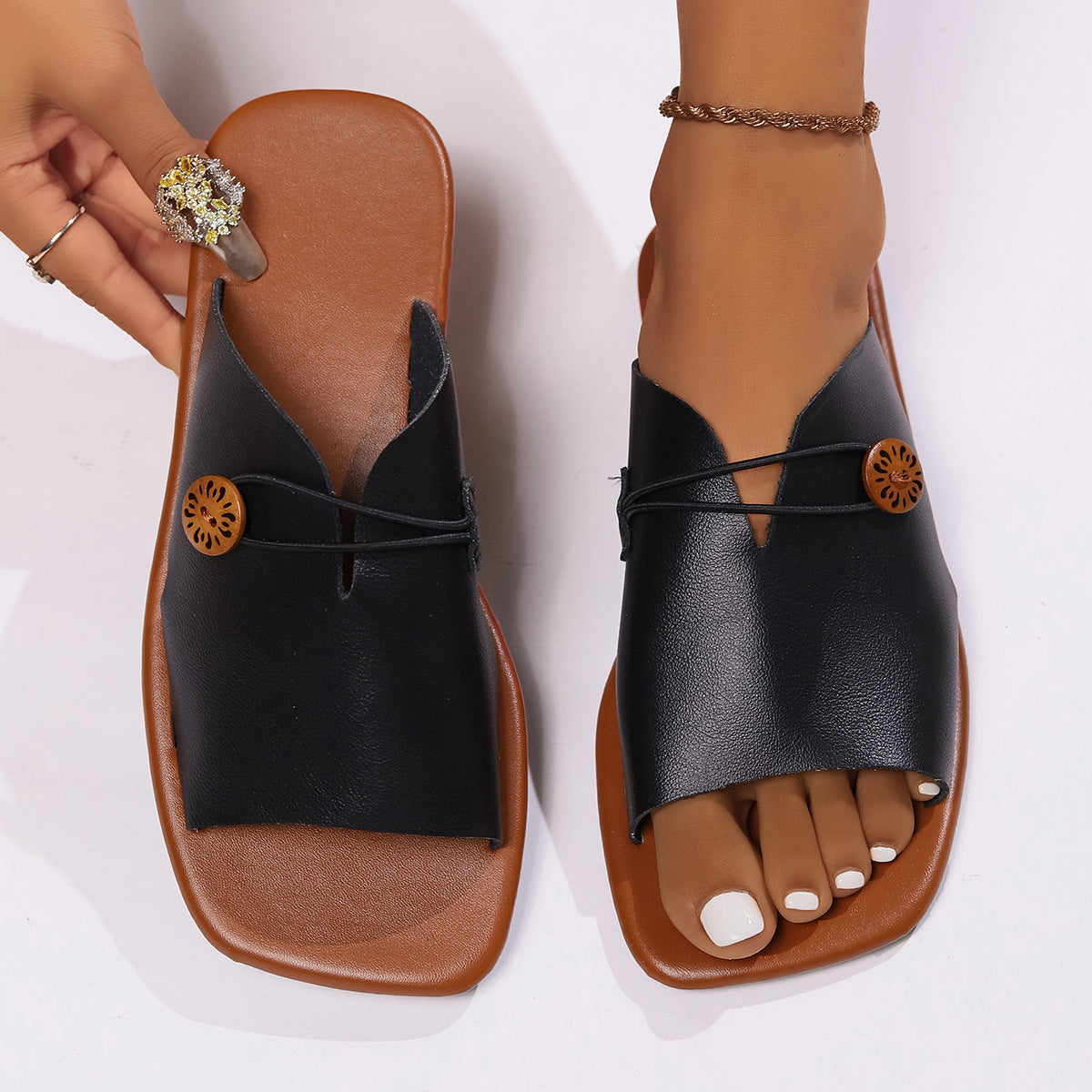 Sandales Plates Rétro Femme – Tongs Décontractées en Simili Cuir PU
