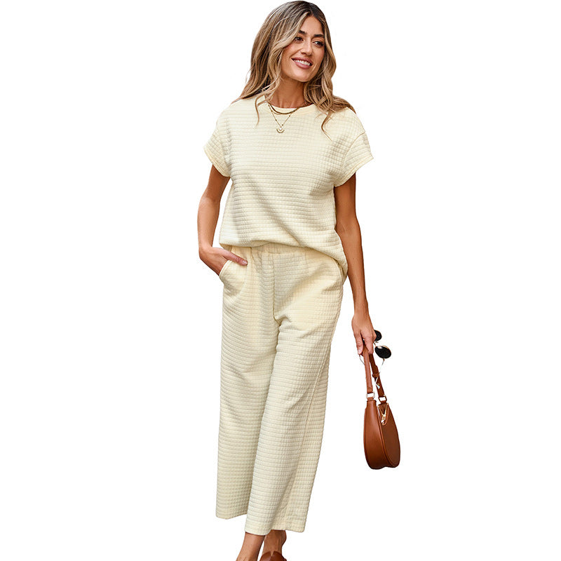 Ensemble Femme 2 Pièces Texturé – Haut Décontracté & Pantalon Large à Poches