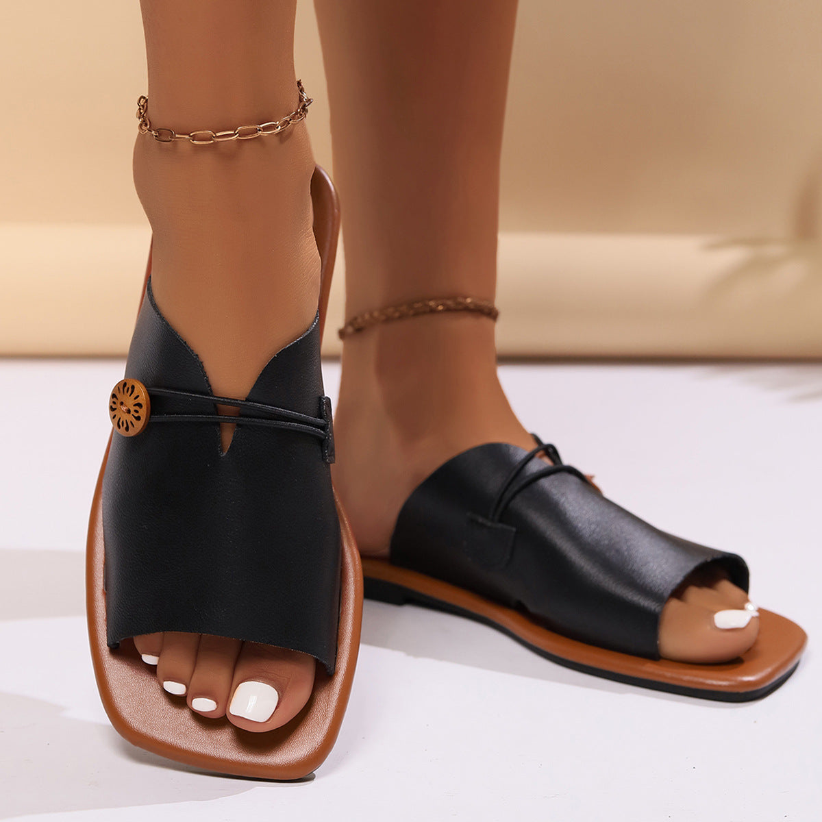 Sandales Plates Rétro Femme – Tongs Décontractées en Simili Cuir PU
