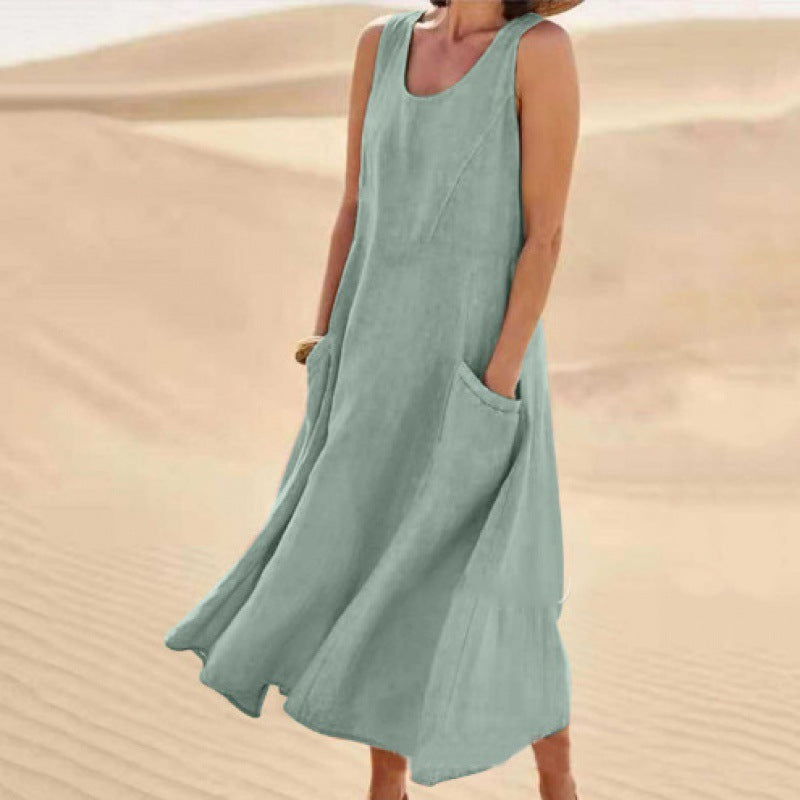 Robe d’Été Sans Manches à Poches – Coton et Lin Respirant