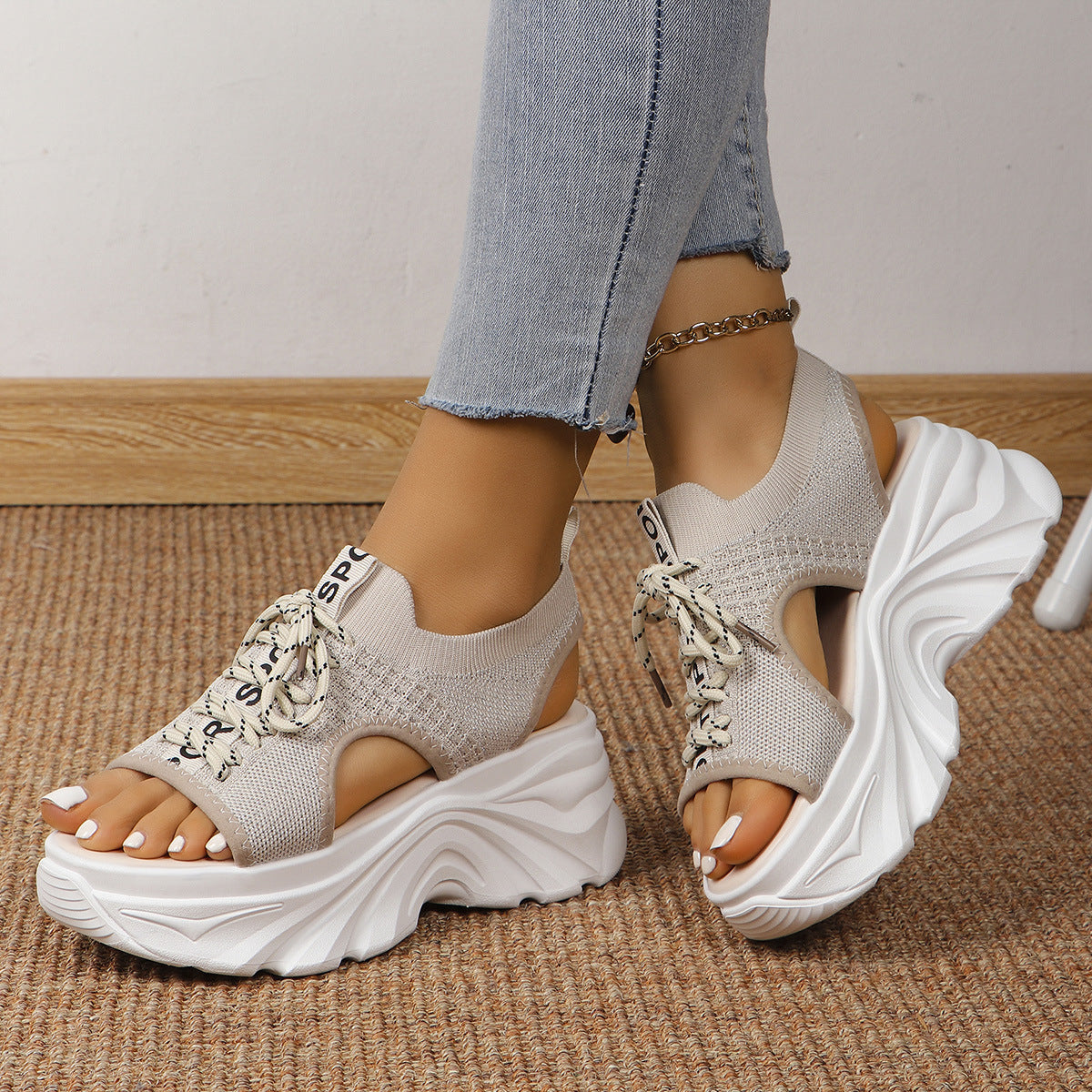Sandales Femme à Talon Moyen – Style Sport Chic à Lacets & Mesh Respirant