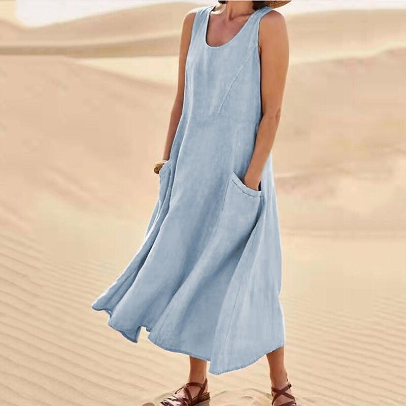 Robe d’Été Sans Manches à Poches – Coton et Lin Respirant