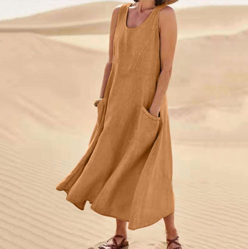 Robe d’Été Sans Manches à Poches – Coton et Lin Respirant